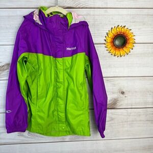 Marmot Girls' Precip Rain Jacket Purple Green Hooded Coat Size Medium
